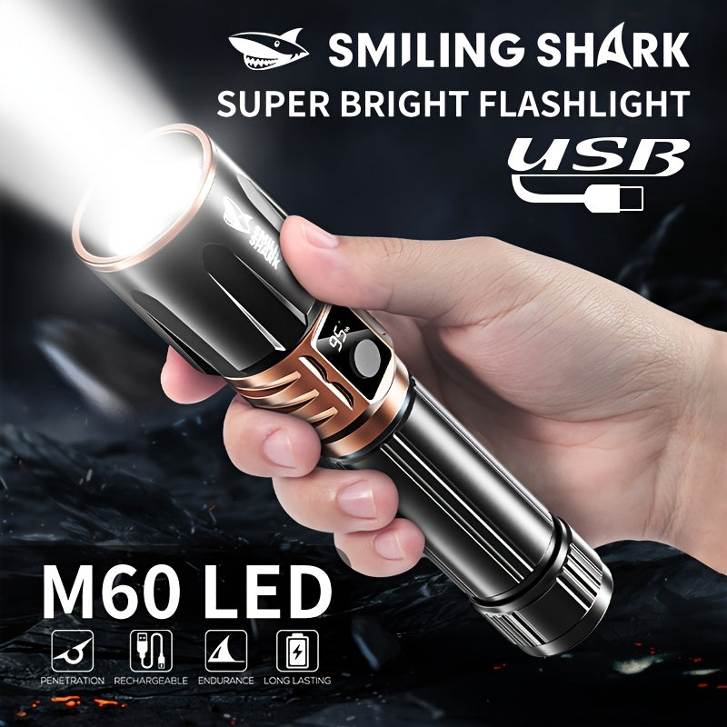 1pc Smiling Shark Rechargeable Flashlights M60 LED Super Bright Long Range, High Power Multi-Functional Handheld Flash Light with LCD Display & Power Bank Function for Emergency Security Camping