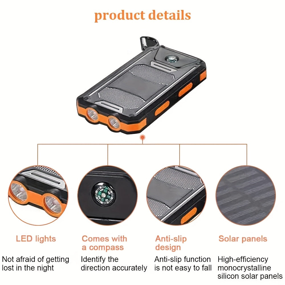10000mAh 5V2A Fast Charging Multifunctional Solar Panel Power Bank with Ultra-bright LED Light, Large Capacity Rechargeable Portable Mobile Phone Charger, Dual Flashlights, Dual USB Port, Outdoor Travel Battery Packs, for iPhone/Android