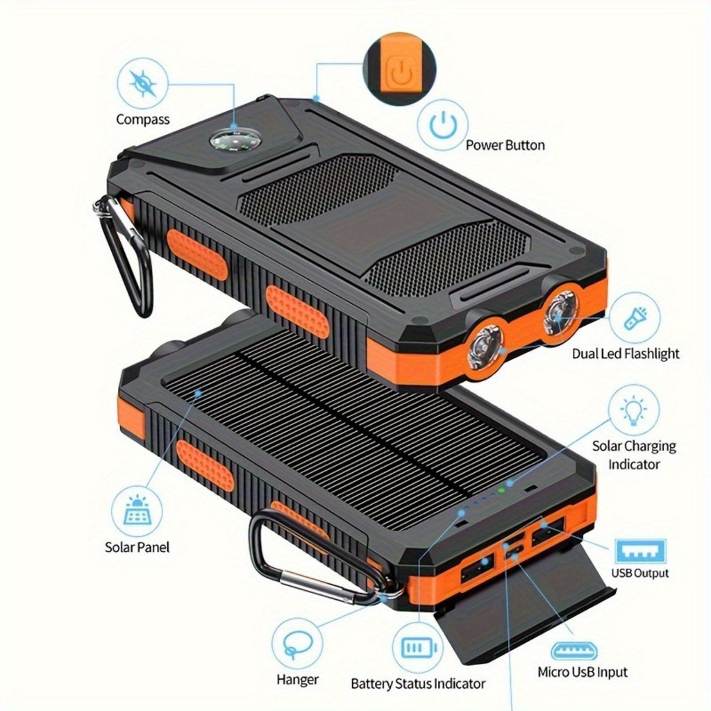 10000/20000mAh Portable Solar Power Bank, Portable Solar Mobile Phone Charger, Camping External Battery Charger for Mobile Phones, 2 USB/ LED Flashlights with Compass for Outdoor Activities