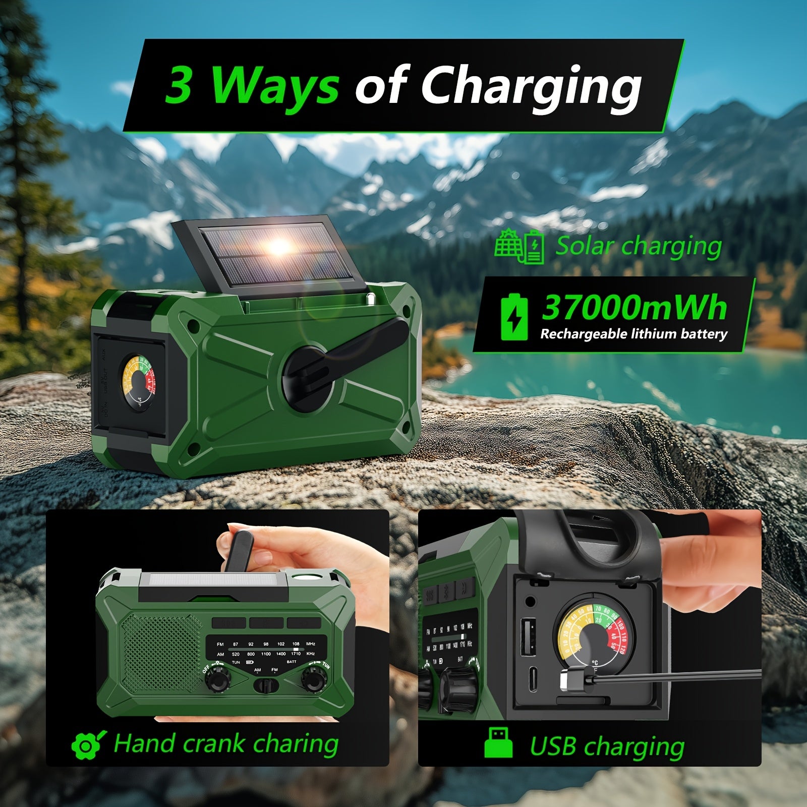 36800mwh 1 Pack Emergency Radio with AM/FM, 3-Way Charging (Hand Crank/Solar/USB), SOS Alarm, Flashlight, Reading Light, Thermometer, Compass & 10000mAh Power Bank - Perfect Survival Kit for Outdoor, Camping, Emergencies