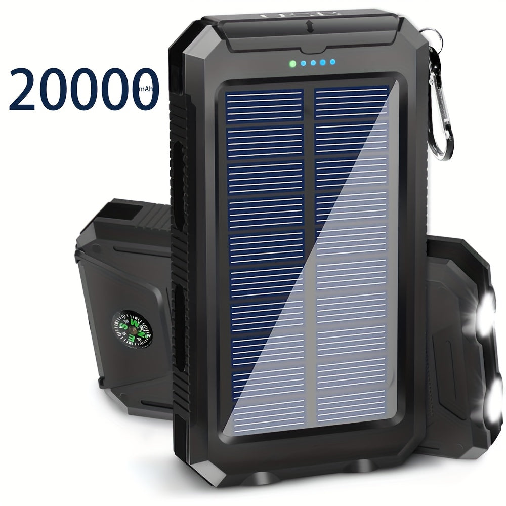 10000/ 20, 000Mah Portable Solar Power Bank, Portable Mobile Phone Solar Charger, Camping External Power Bank with Compass USB Light Flashlight, Suitable for Outdoor Activities