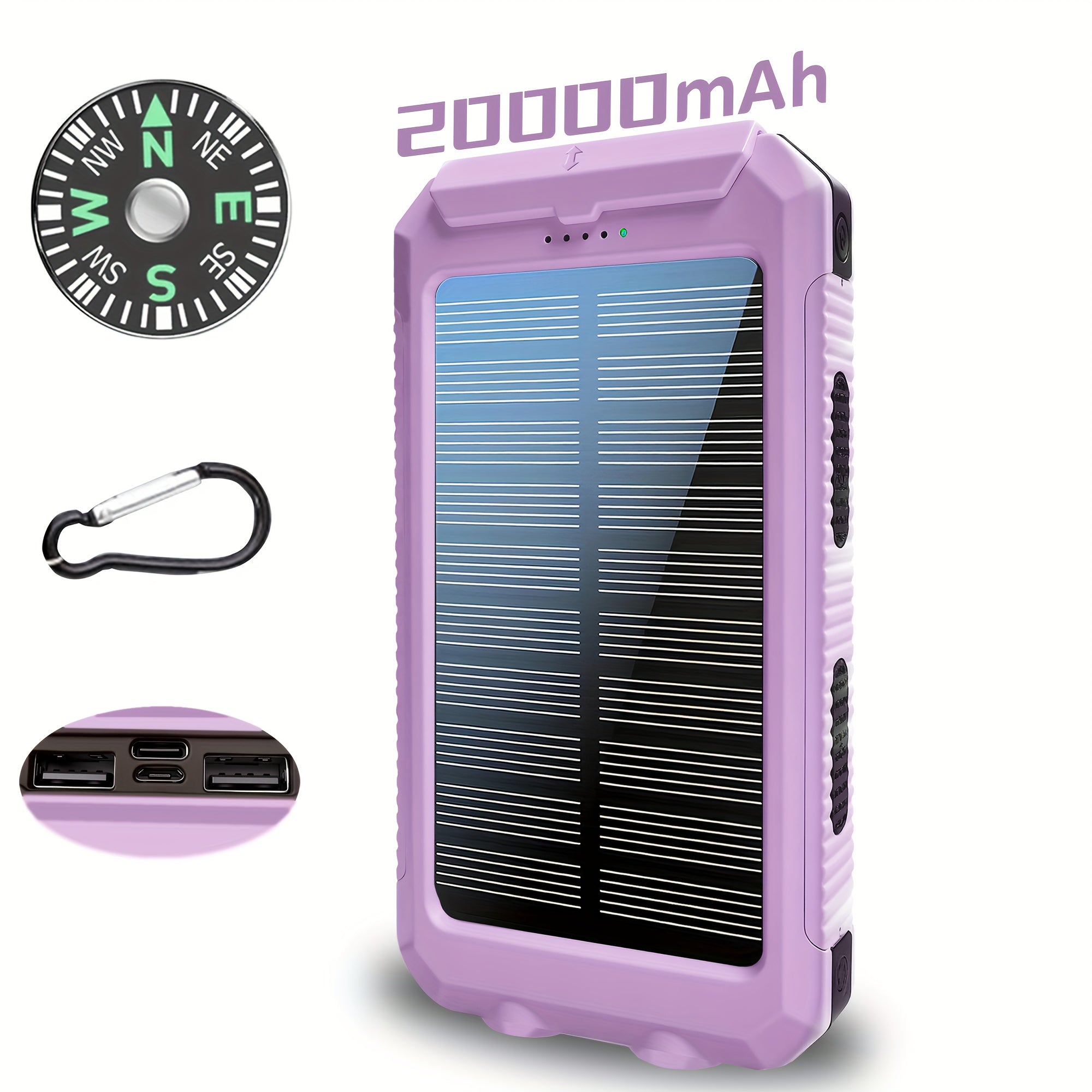 10000/ 20, 000Mah Portable Solar Power Bank, Portable Mobile Phone Solar Charger, Camping External Power Bank with Compass USB Light Flashlight, Suitable for Outdoor Activities