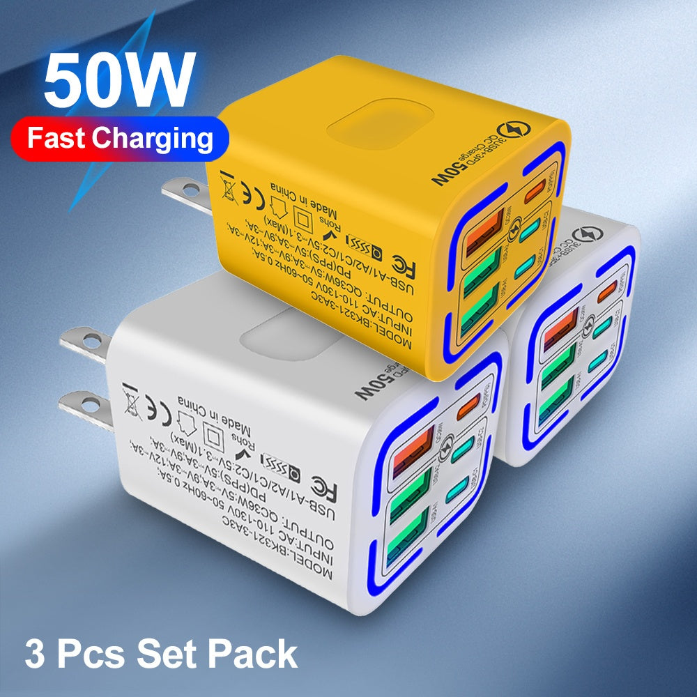 [Fast Charging Adapter] 3-Pack 50W 6-Port Fast Charging Adapter | 3PD + 3USB Quick Charge for iPhone & Samsung, US Plug Travel Wall Charger