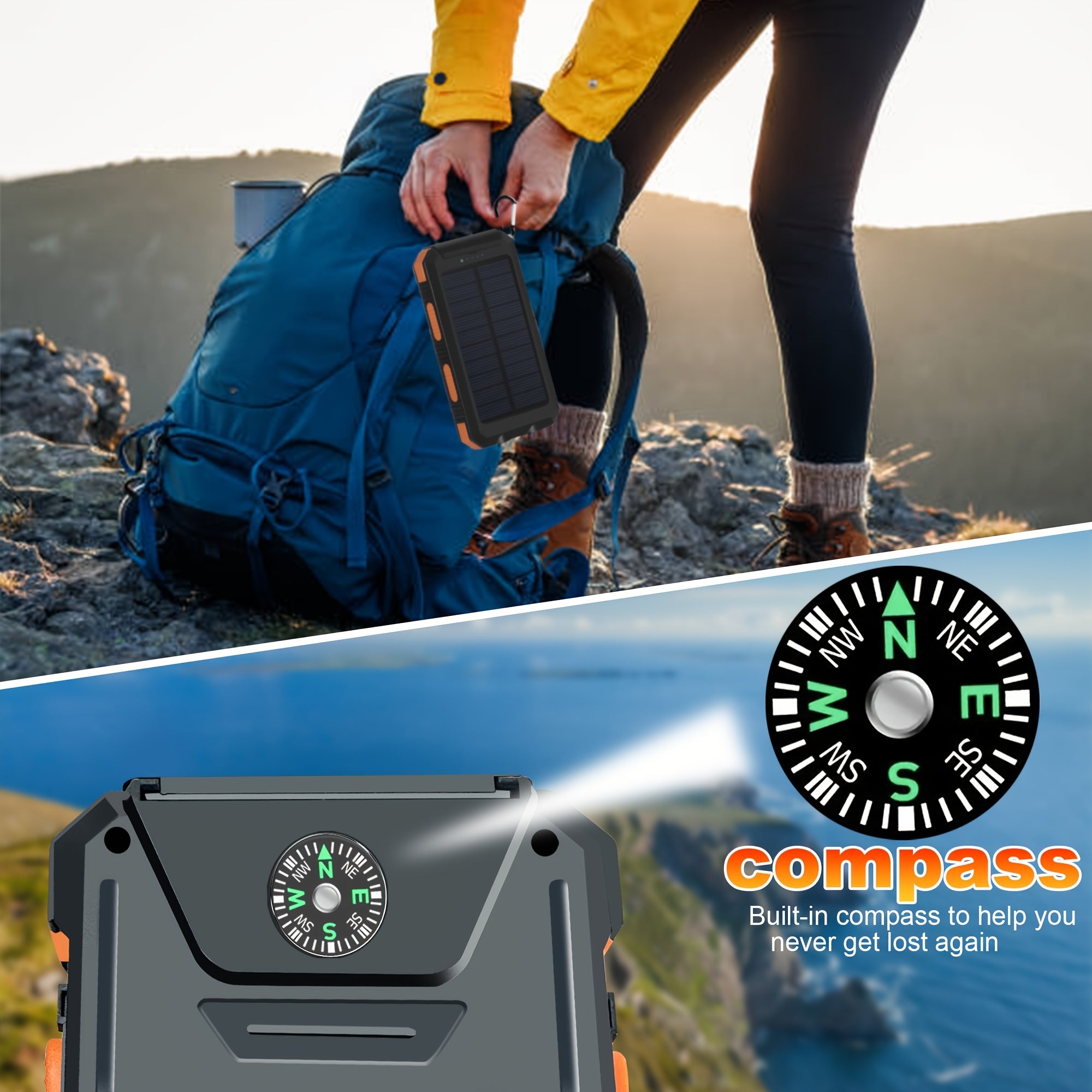 15800/20000mAh Portable Solar Power Bank, Portable Solar Mobile Phone Charger, Camping External Battery Charger for Mobile Phones, 2 USB/ LED Flashlights with Compass for Outdoor Activities