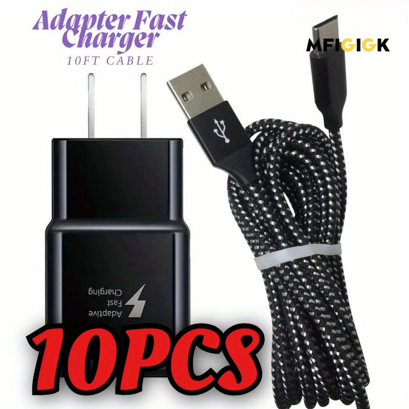 MFIGIGK 10pcs Lot Adaptive Fast Charging Wall Charger 10ft Braided USB C Cable Black for Galaxy S25 S24 S23 Ultra A15 A13 A03s A53 S22 S21 S20 S10 S9 Android Phone US Plug, 110V-130V, 10-20W Output, Fast Charger Adapter, Mobile Charger Fast Charging,