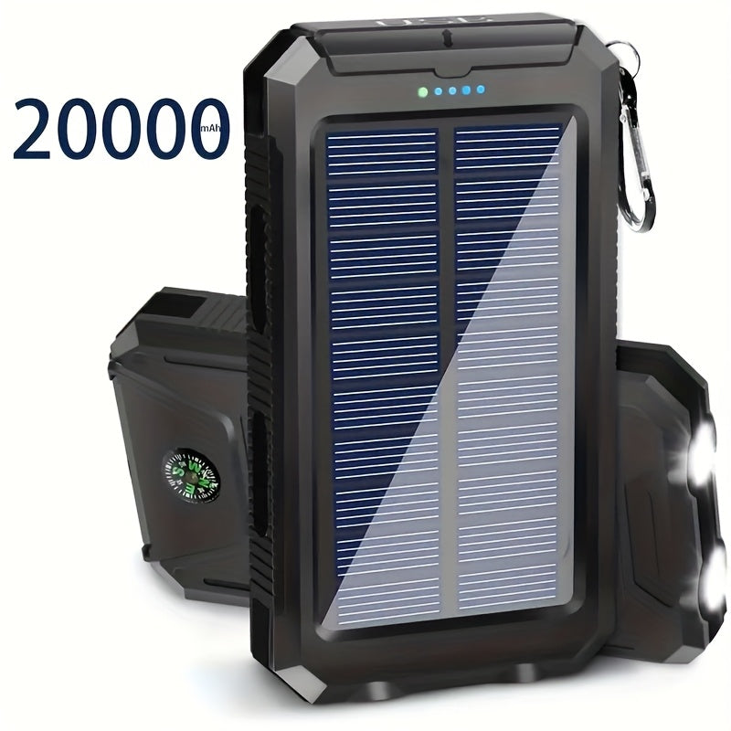 15800/20000mAh Portable Solar Power Bank, Portable Solar Mobile Phone Charger, Camping External Battery Charger for Mobile Phones, 2 USB/ LED Flashlights with Compass for Outdoor Activities