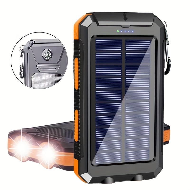10000mAh Solar Power Bank with Ultra-Bright LED Light, Dual USB & USB-C Ports, Compass, and Portable Hook Design – Fast Charging, Large Capacity Rechargeable Battery for Outdoor Travel & Smartphone Charging, Adventure Gear | Rugged Design | Durable