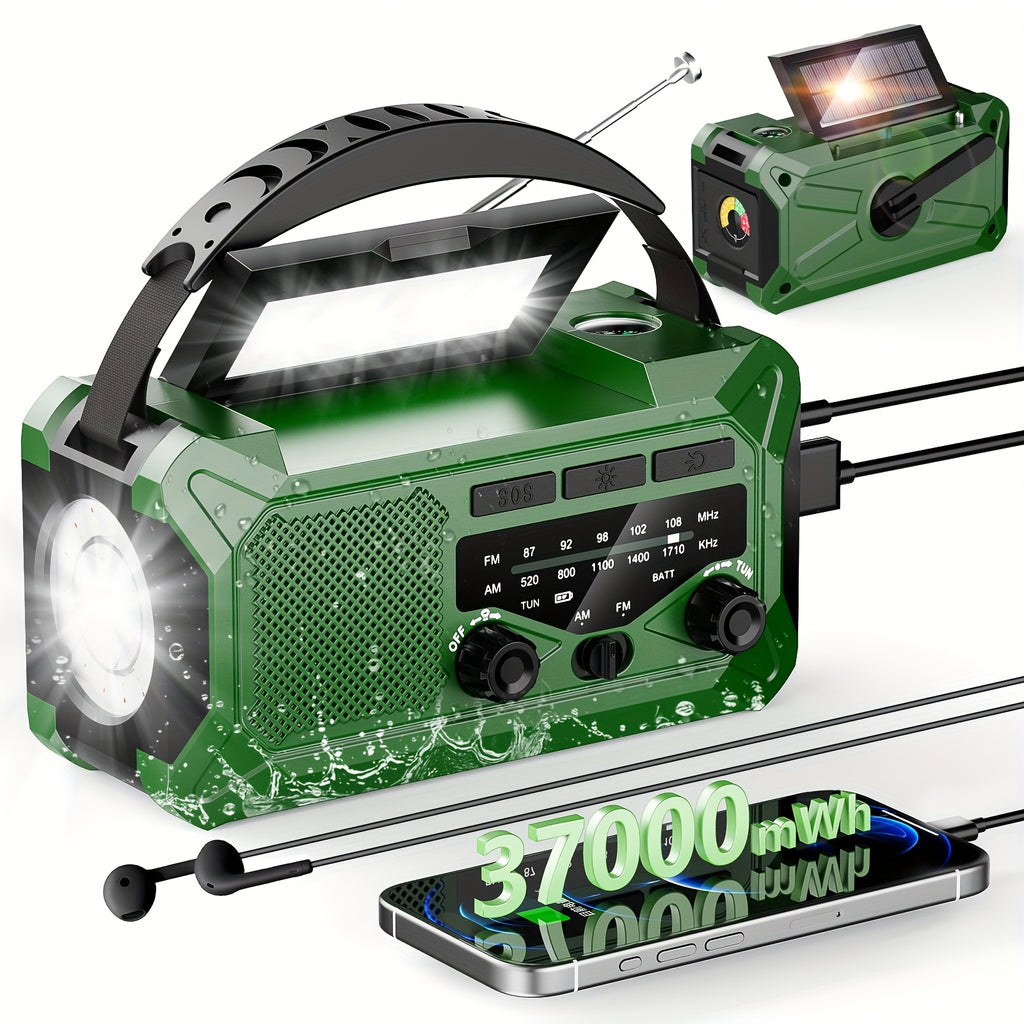 36800mwh 1 Pack Emergency Radio with AM/FM, 3-Way Charging (Hand Crank/Solar/USB), SOS Alarm, Flashlight, Reading Light, Thermometer, Compass & 10000mAh Power Bank - Perfect Survival Kit for Outdoor, Camping, Emergencies
