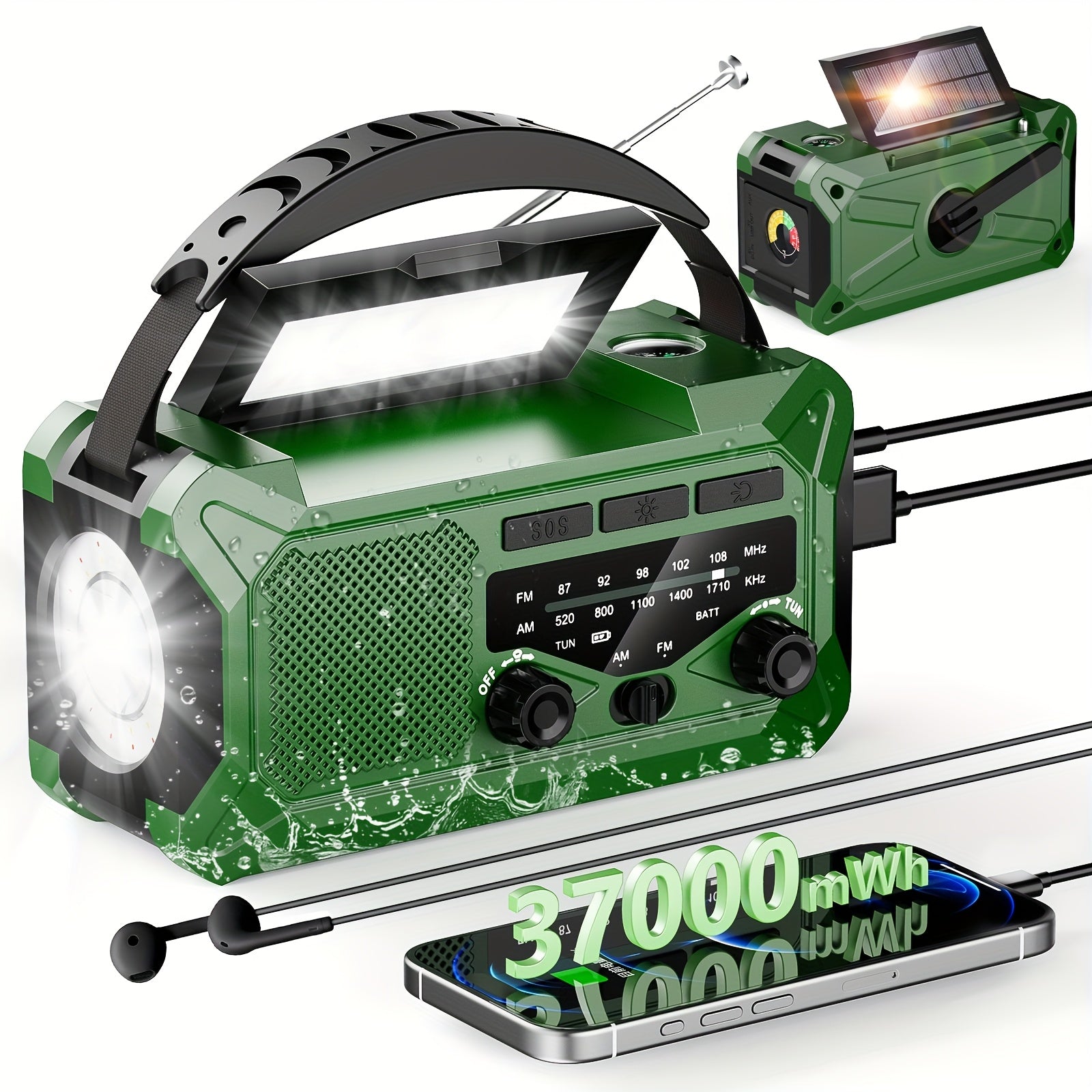 36800mwh 1 Pack Emergency Radio with AM/FM, 3-Way Charging (Hand Crank/Solar/USB), SOS Alarm, Flashlight, Reading Light, Thermometer, Compass & 10000mAh Power Bank - Perfect Survival Kit for Outdoor, Camping, Emergencies