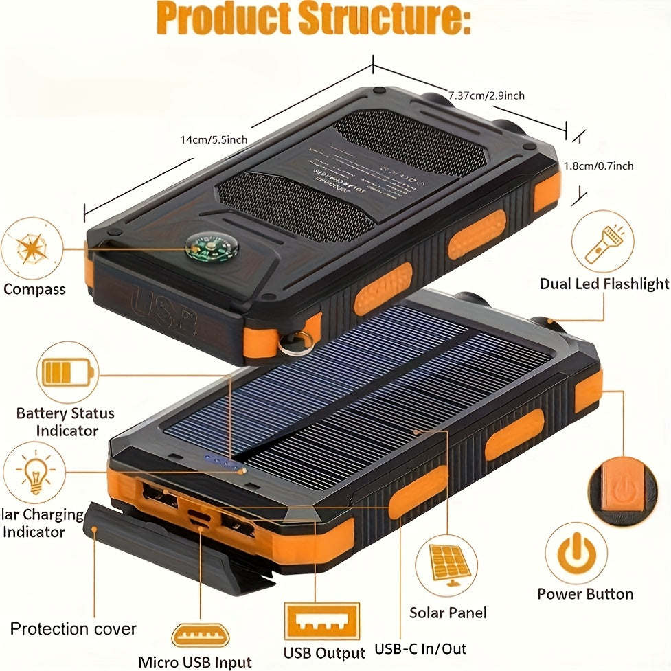 10000mAh 5V2A Fast Charging Multifunctional Solar Panel Power Bank with Ultra-bright LED Light, Large Capacity Rechargeable Portable Mobile Phone Charger, Dual Flashlights, Dual USB Port, Outdoor Travel Must Have Battery Packs, USB-C Ouput & Input, for