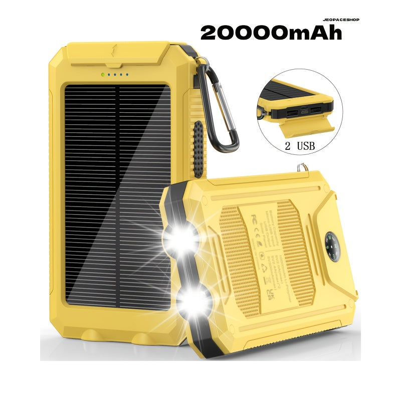 1pc, 20000mAh Portable Solar Mobile Power with External Battery Charger And Powerful LED Light, 2 USB Charging Ports for Outdoor Camping, Hiking And Emergency Power Bank Portable Portable Power Bank Solar Power Bank Battery Power Bank