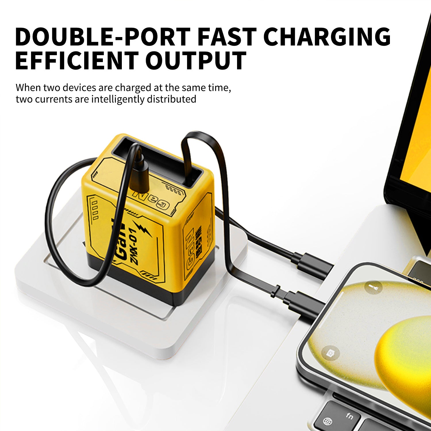 Fast Charger, 120W High-Speed USB-C Foldable Travel Charger with 2 Cables - Dual-Port Fast Charger, Universal for iPhone, Samsung, MacBook Pro/ Air, Yellow