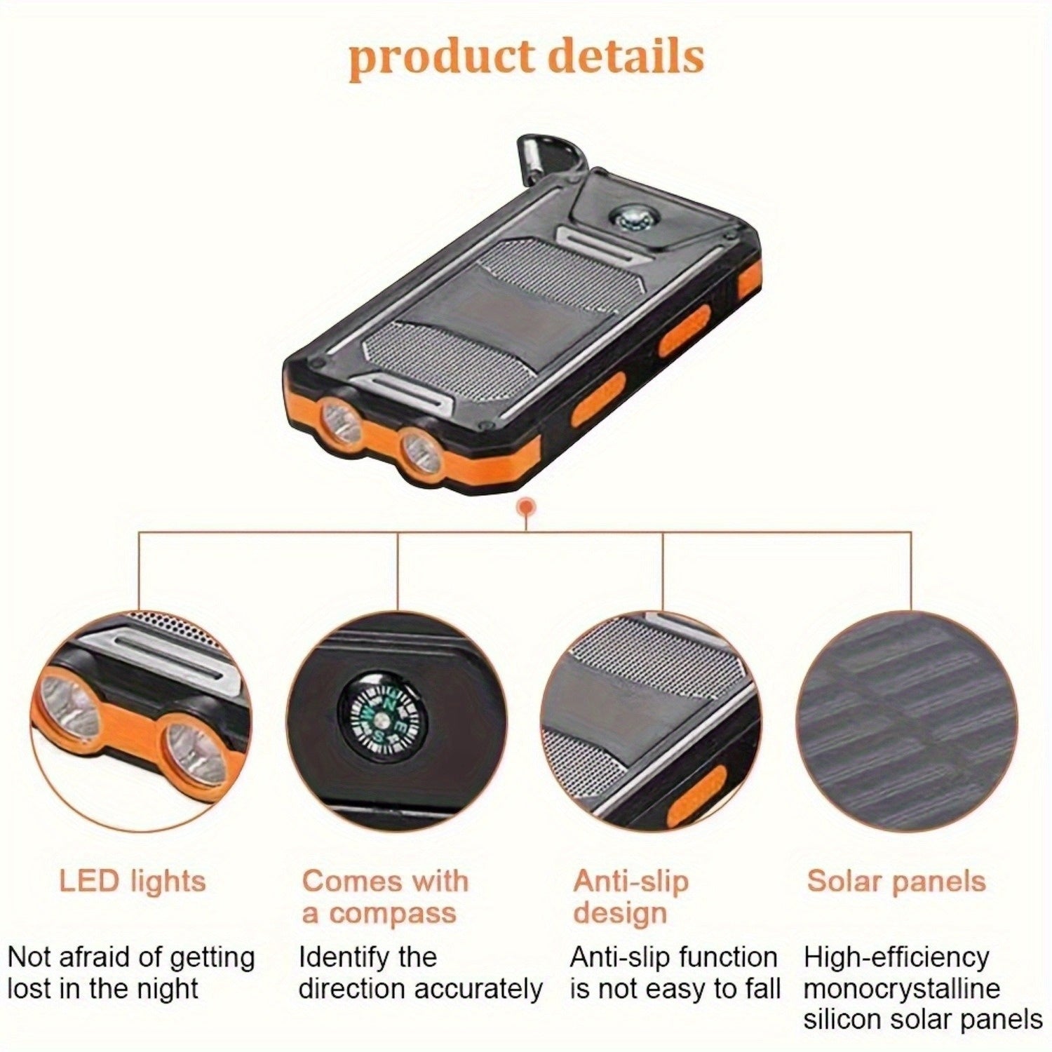 10000/20000mAh Portable Solar Power Bank, Portable Solar Mobile Phone Charger, Camping External Battery Charger for Mobile Phones, 2 USB/ LED Flashlights with Compass for Outdoor Activities