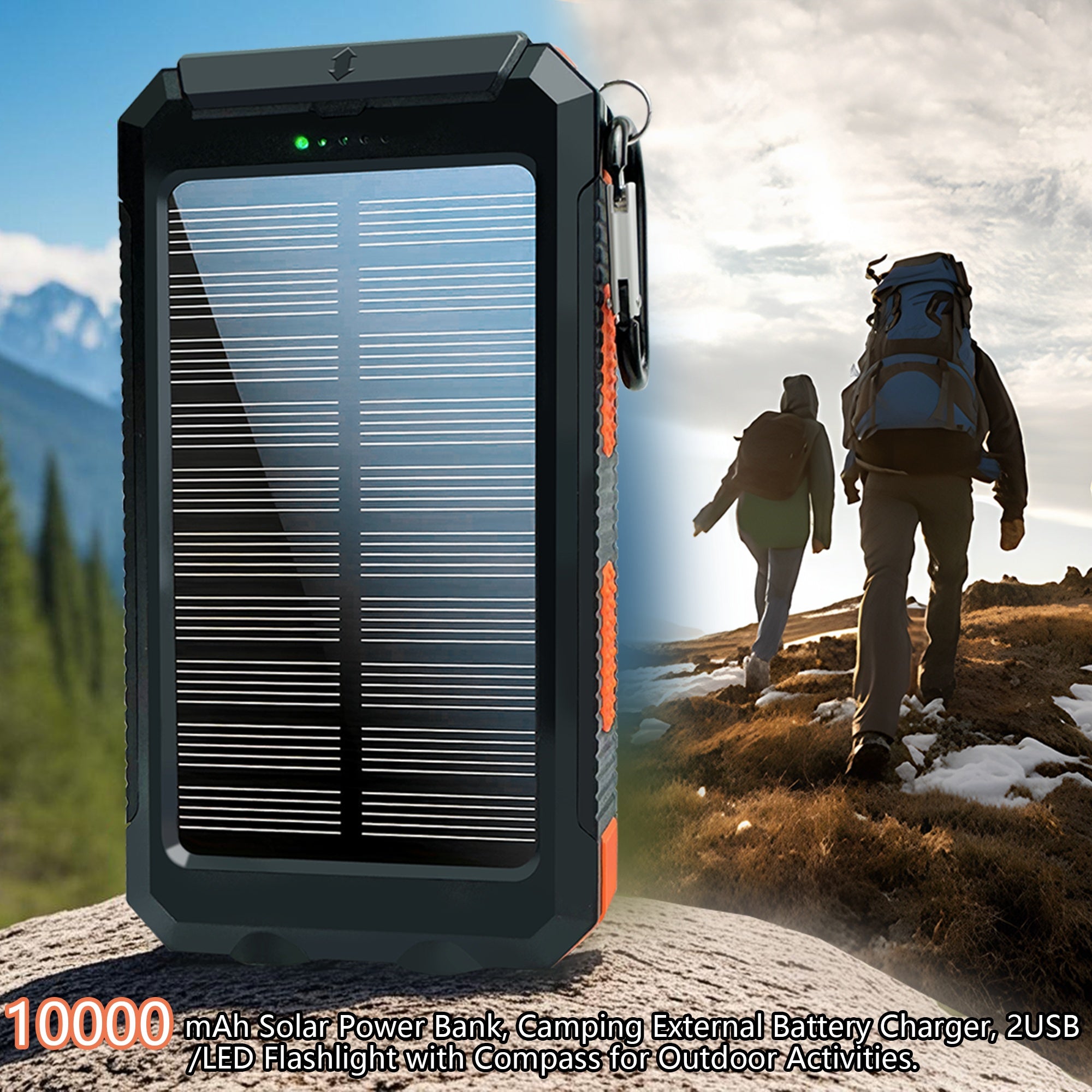10000/20000mAh Portable Solar Power Bank, Portable Solar Mobile Phone Charger, Camping External Battery Charger for Mobile Phones, 2 USB/ LED Flashlights with Compass for Outdoor Activities