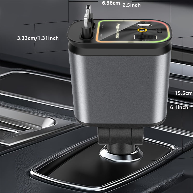 Retractable Car Charger With Star Projector And Flame Ambient Mood Light, 4 In 1 Fast Car Mobile Phone Charger,, With 2.6ft Retractable Cable And USB C Port, Car Charger Adapter, Compatible With IPhones 15/15 Max/14 Pro/13/12/11/Galaxy S23/22, Etc
