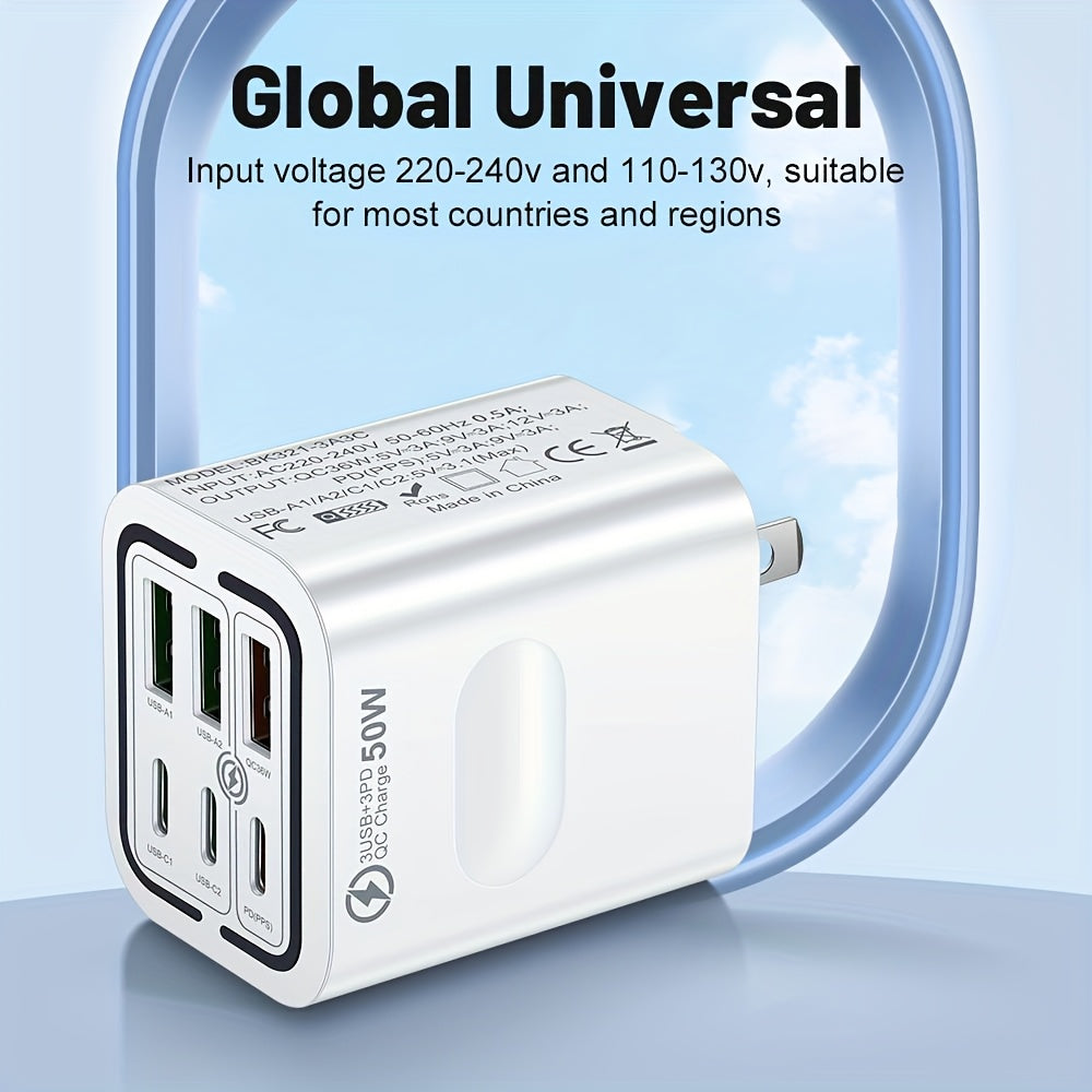 [Fast Charging Adapter] 3-Pack 50W 6-Port Fast Charging Adapter | 3PD + 3USB Quick Charge for iPhone & Samsung, US Plug Travel Wall Charger