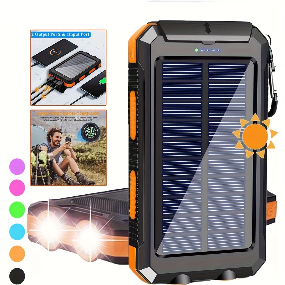 10000mAh Solar Power Bank with Ultra-Bright LED Light, Dual USB & USB-C Ports, Compass, and Portable Hook Design – Fast Charging, Large Capacity Rechargeable Battery for Outdoor Travel & Smartphone Charging, Adventure Gear | Rugged Design | Durable