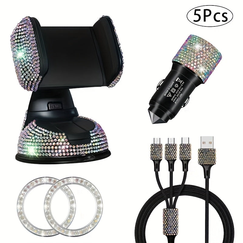 5pcs Luxury Car Accessory Set, Sparkling Rhinestone Charging Cable + Car Phone Holder + USB Car Charger + Ignition Button Trim Ring & Suction Mount, Made with Premium Safe Materials, Handcrafted, Real Photos, High End Gift for Him & Her