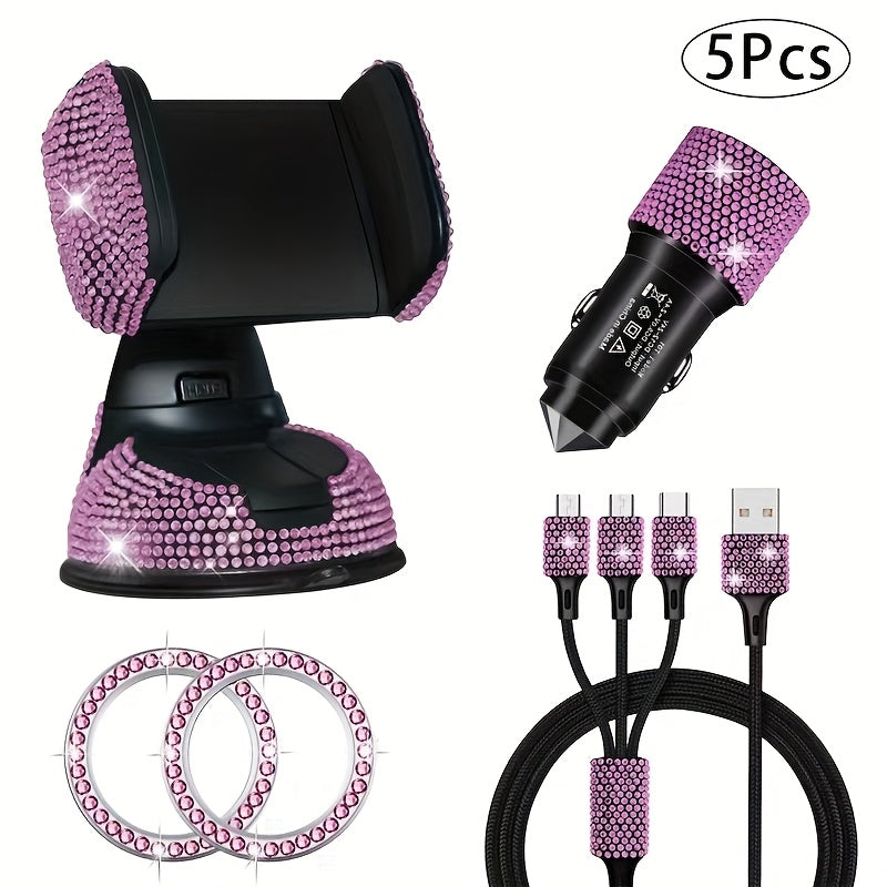 5pcs Luxury Car Accessory Set, Sparkling Rhinestone Charging Cable + Car Phone Holder + USB Car Charger + Ignition Button Trim Ring & Suction Mount, Made with Premium Safe Materials, Handcrafted, Real Photos, High End Gift for Him & Her