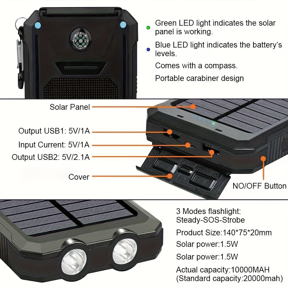 10000mAh 5V2A Fast Charging Multifunctional Solar Panel Power Bank with Ultra-bright LED Light, Large Capacity Rechargeable Portable Mobile Phone Charger, Dual Flashlights, Dual USB Port, Outdoor Travel Battery Packs, for iPhone/Android