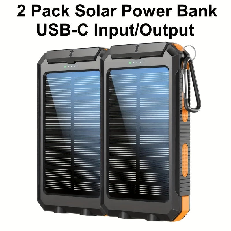2-pack!10000mAh Solar Power Bank with USB-C Input, Dual USB Output, Built-in Compass And LED Flashlight - Portable Emergency Backup Battery Suitable for Hiking And Outdoor Activities