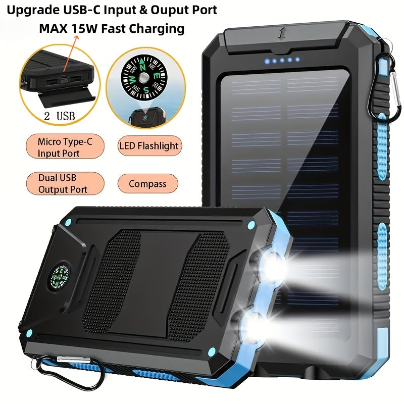 10000mAh 5V2A Fast Charging Multifunctional Solar Panel Power Bank with Ultra-bright LED Light, Large Capacity Rechargeable Portable Mobile Phone Charger, Dual Flashlights, Dual USB Port, Outdoor Travel Battery Packs, for iPhone/Android/Smartphone