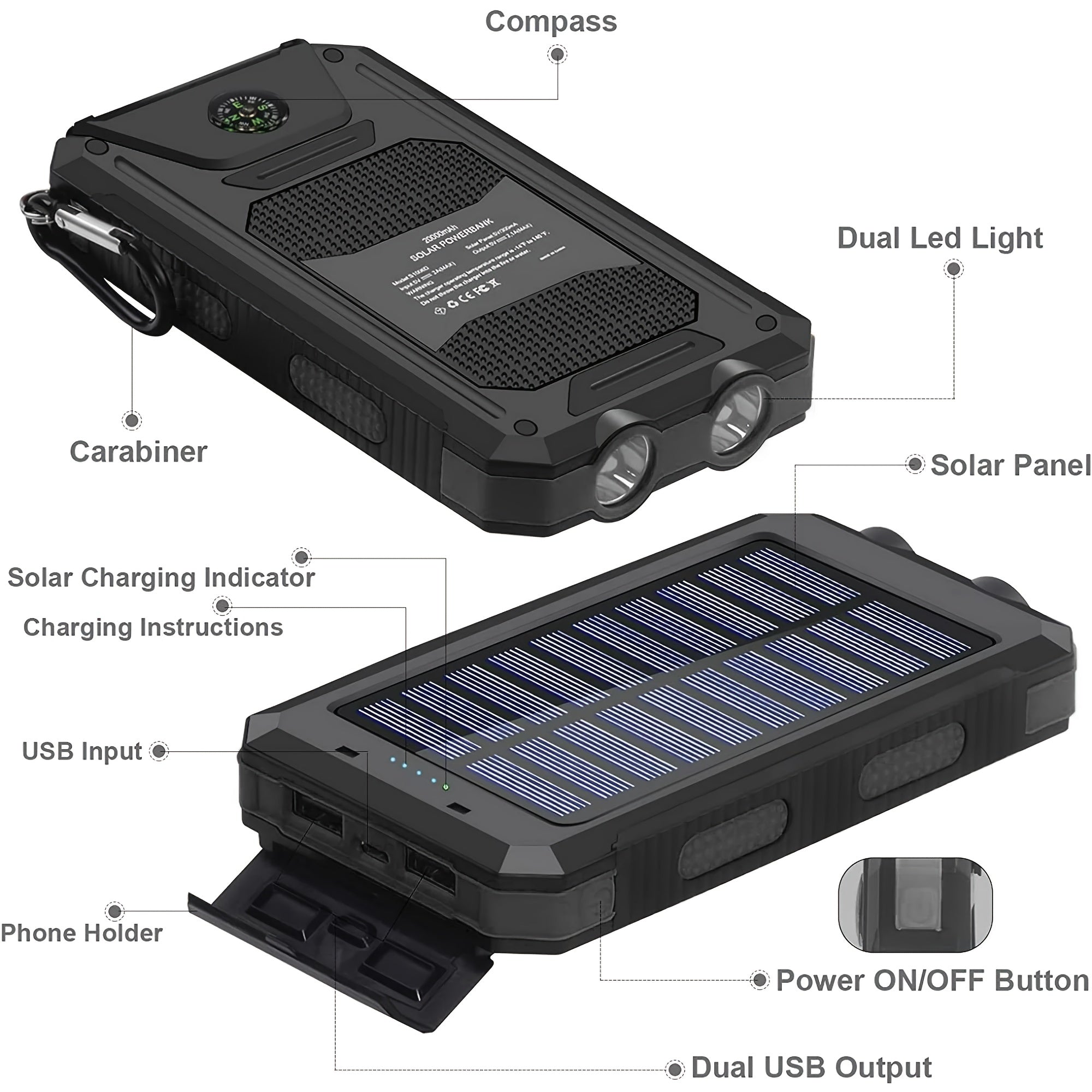 1pc, 20000mAh Portable Solar Mobile Power with External Battery Charger And Powerful LED Light, 2 USB Charging Ports for Outdoor Camping, Hiking And Emergency Power Bank Portable Portable Power Bank Solar Power Bank Battery Power Bank