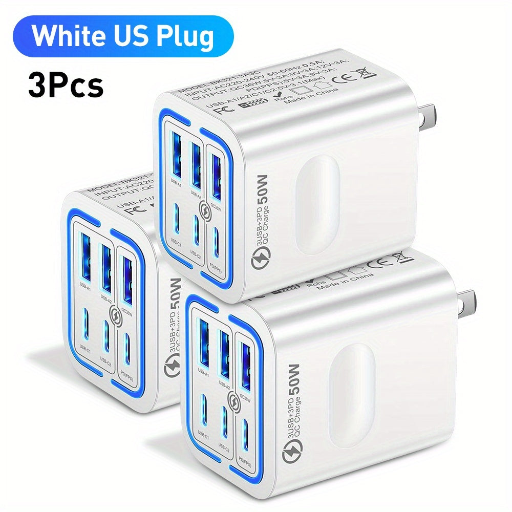 [Fast Charging Adapter] 3-Pack 50W 6-Port Fast Charging Adapter | 3PD + 3USB Quick Charge for iPhone & Samsung, US Plug Travel Wall Charger