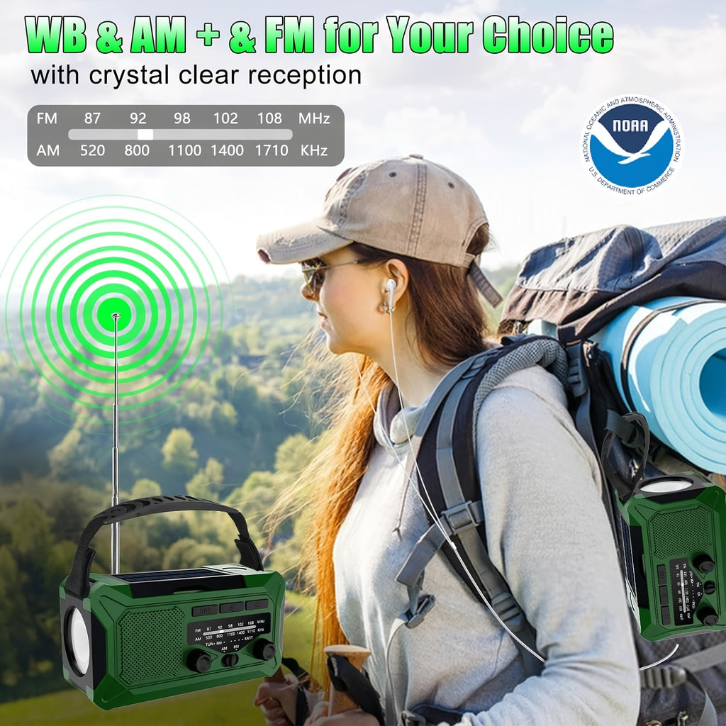 36800mwh 1 Pack Emergency Radio with AM/FM, 3-Way Charging (Hand Crank/Solar/USB), SOS Alarm, Flashlight, Reading Light, Thermometer, Compass & 10000mAh Power Bank - Perfect Survival Kit for Outdoor, Camping, Emergencies