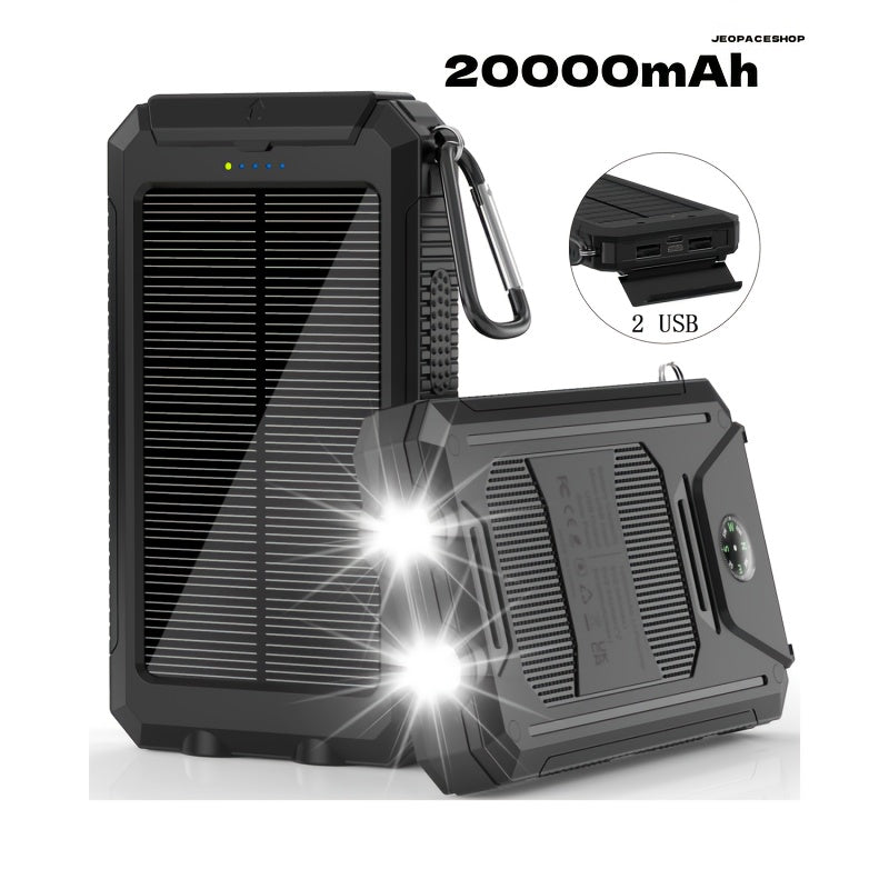 1pc, 20000mAh Portable Solar Mobile Power with External Battery Charger And Powerful LED Light, 2 USB Charging Ports for Outdoor Camping, Hiking And Emergency Power Bank Portable Portable Power Bank Solar Power Bank Battery Power Bank