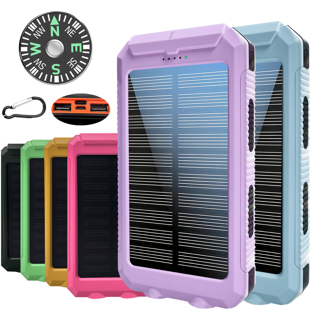 [Solar Power Bank] 20000mAh Solar Power Bank | Dual 5V USB Port Output, Built-in Flashlight with Compass for Outdoor Camping & Emergency Use, Portable Charger for All Mobile Devices