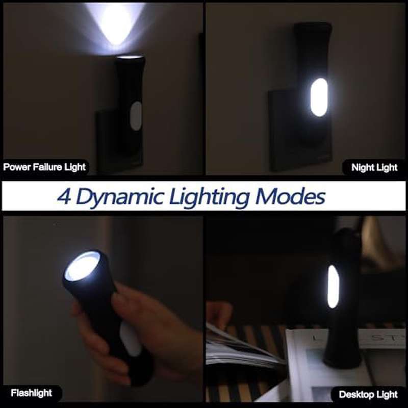 4-in-1 Emergency Power Failure Light with Rechargeable LED Flashlight, Automatic Wall Plug & USB-Powered Operation - Heavy-Duty Matte Black Outdoor/Indoor Power Bank for Camping, Snow Storms, Home Backup - Compact & Portable with Hanging Hook,