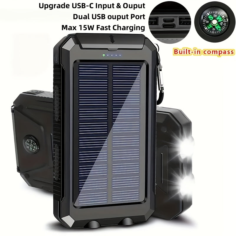10000mAh 5V2A Fast Charging Multifunctional Solar Panel Power Bank with Ultra-bright LED Light, Large Capacity Rechargeable Portable Mobile Phone Charger, Dual Flashlights, Dual USB Port, Outdoor Travel Battery Packs, for iPhone/Android