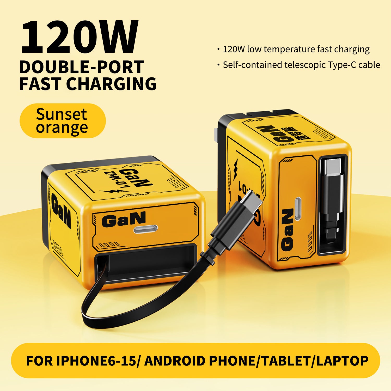 Fast Charger, 120W High-Speed USB-C Foldable Travel Charger with 2 Cables - Dual-Port Fast Charger, Universal for iPhone, Samsung, MacBook Pro/ Air, Yellow
