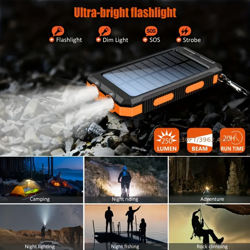 [Solar Power Bank] 20000mAh Solar Power Bank | Dual 5V USB Port Output, Built-in Flashlight with Compass for Outdoor Camping & Emergency Use, Portable Charger for All Mobile Devices