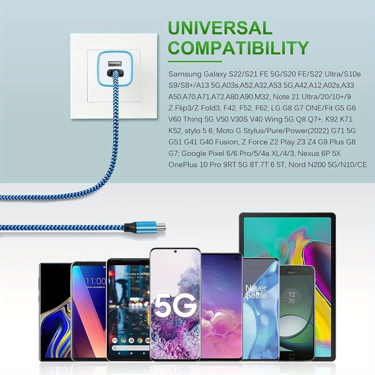 Phone Charger Cord 3-Pack, Fast Charging Type-C Cable for Galaxy A13 5G/A03s/A14/A54/A15/S24 Ultra/Z Fold5/A52/A23/A32/A53/A71/S23 FE/S21/S10, iPhone 15, Moto G6, LG Stylus 6, Versatile Tech Accessory, Vibrant Packaging, Multipack Value