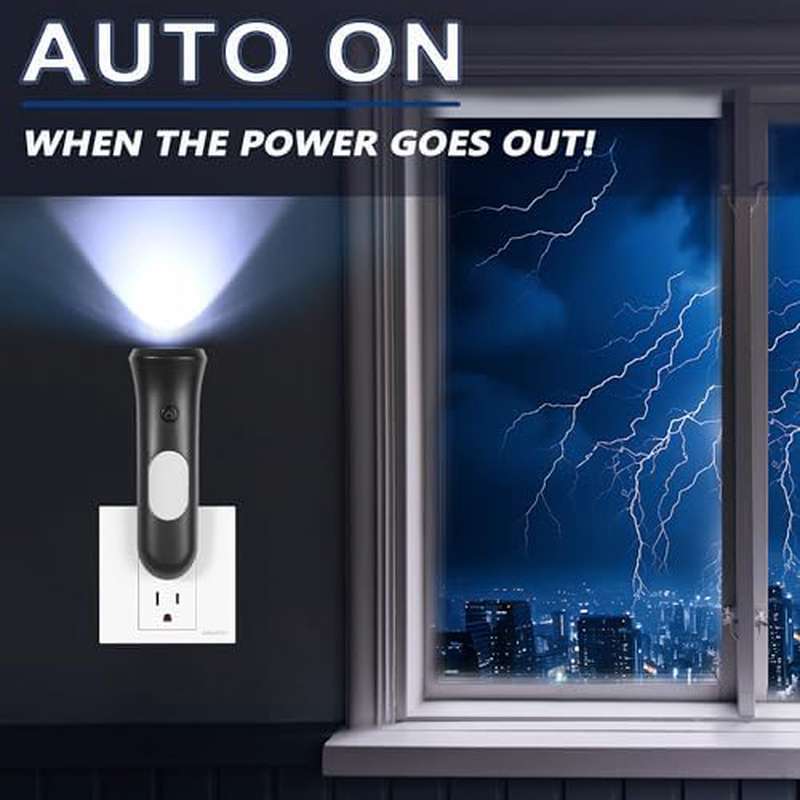 4-in-1 Emergency Power Failure Light with Rechargeable LED Flashlight, Automatic Wall Plug & USB-Powered Operation - Heavy-Duty Matte Black Outdoor/Indoor Power Bank for Camping, Snow Storms, Home Backup - Compact & Portable with Hanging Hook,