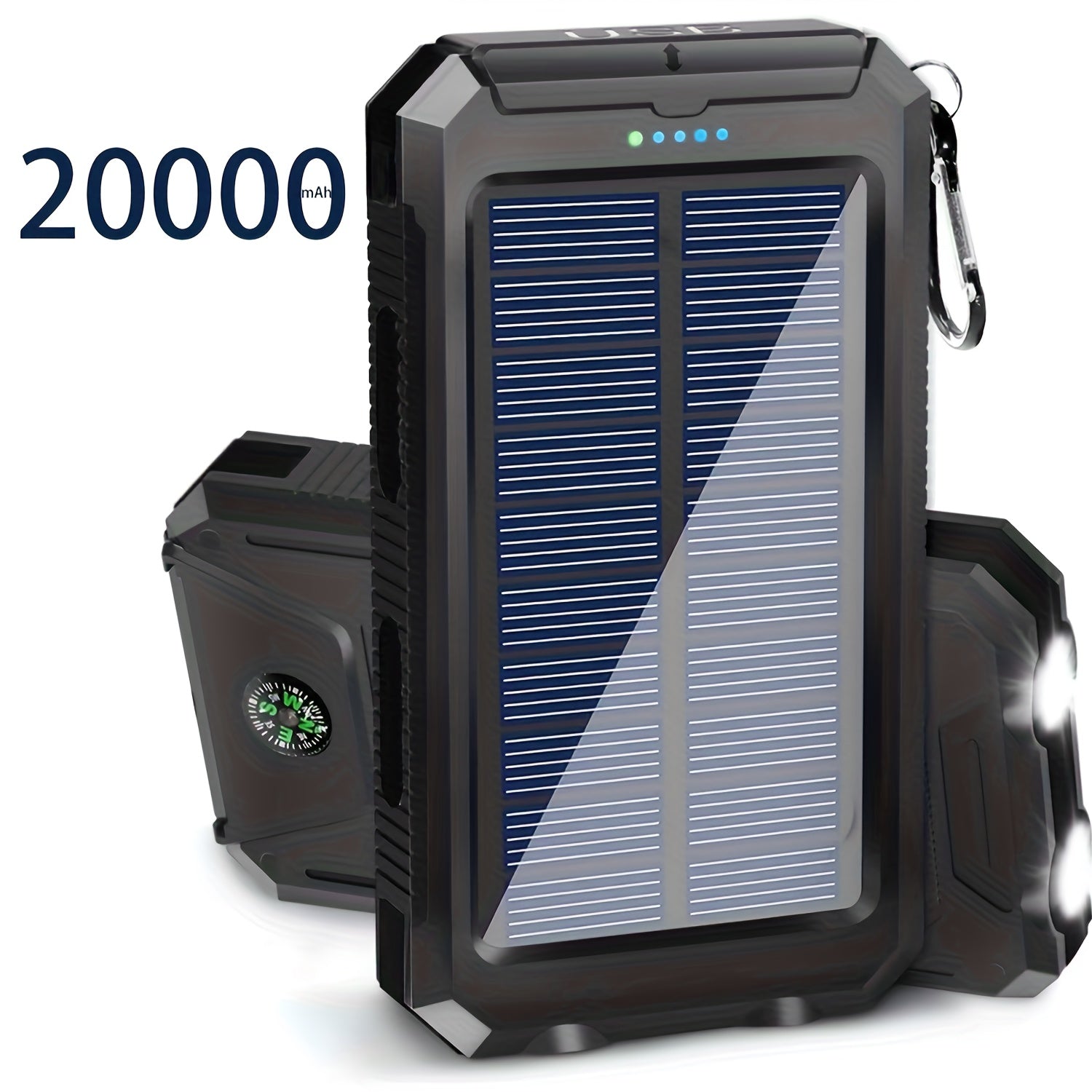 10000/20000mAh Portable Solar Power Bank, Portable Solar Mobile Phone Charger, Camping External Battery Charger for Mobile Phones, 2 USB/ LED Flashlights with Compass for Outdoor Activities