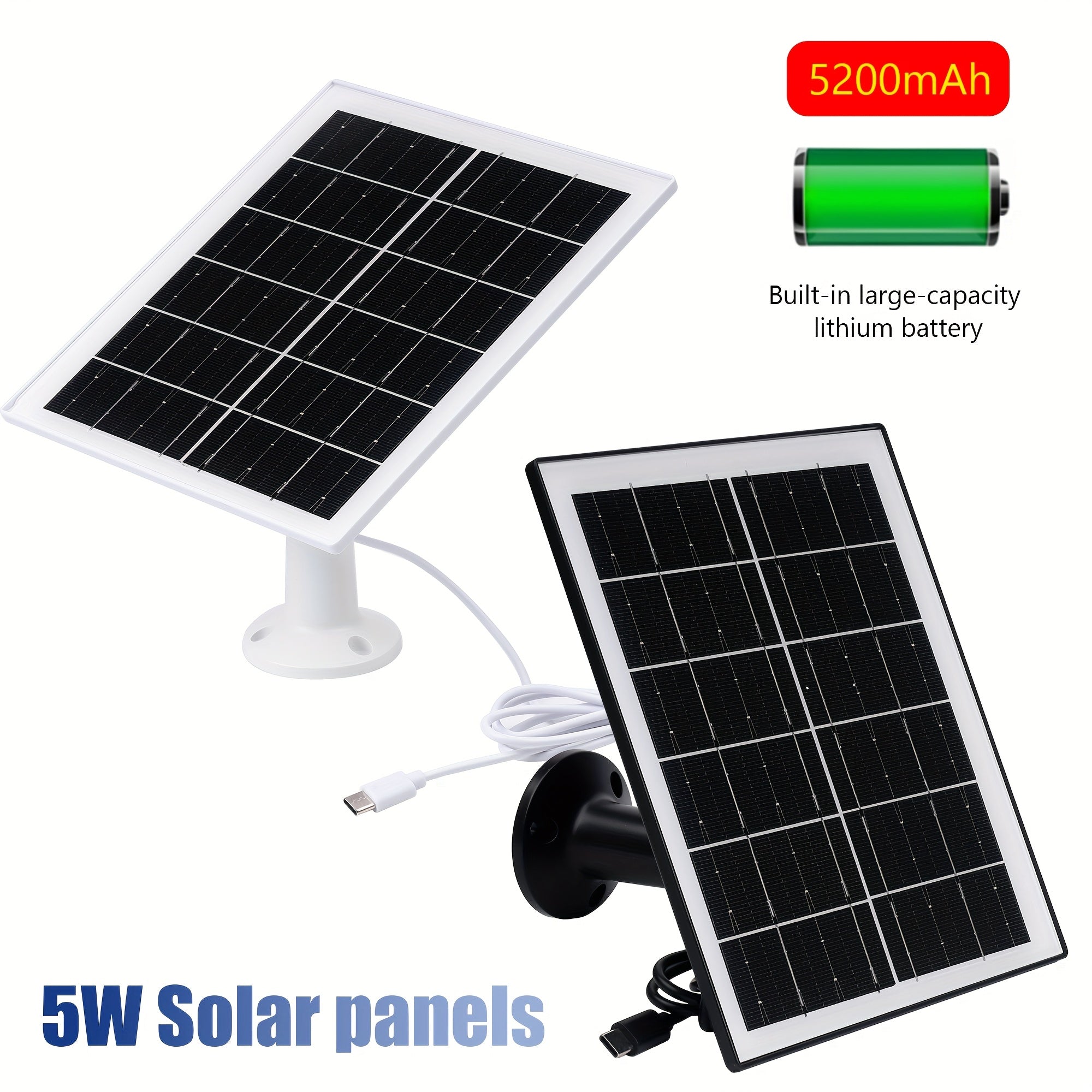 5W Solar Panel with 5200mAh Built-in Battery - Portable Solar Charging Station, USB-C/USB-A Fast Charging, 5V Outdoor Power Bank for Security Cameras, Doorbells, Lights, Phones, Fans, Emergency Backup Power - Compact & Lightweight Design with 360°