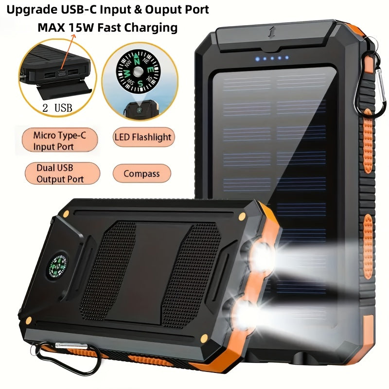 10000mAh 5V2A Fast Charging Multifunctional Solar Panel Power Bank with Ultra-bright LED Light, Large Capacity Rechargeable Portable Mobile Phone Charger, Dual Flashlights, Dual USB Port, Outdoor Travel Battery Packs, for iPhone/Android/Smartphone