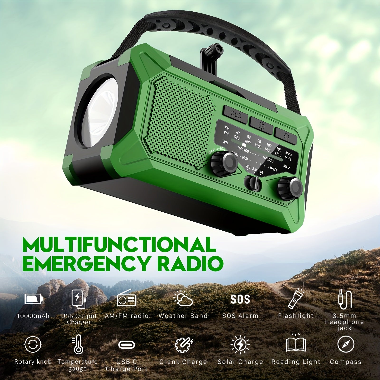 36800mwh 1 Pack Emergency Radio with AM/FM, 3-Way Charging (Hand Crank/Solar/USB), SOS Alarm, Flashlight, Reading Light, Thermometer, Compass & 10000mAh Power Bank - Perfect Survival Kit for Outdoor, Camping, Emergencies