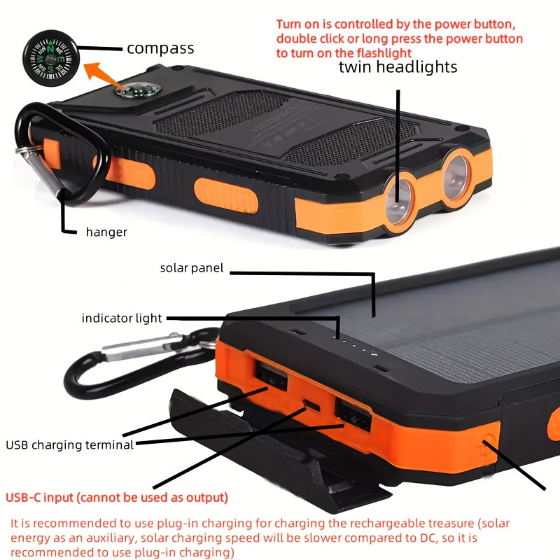[Solar Power Bank] 20000mAh Solar Power Bank | Dual 5V USB Port Output, Built-in Flashlight with Compass for Outdoor Camping & Emergency Use, Portable Charger for All Mobile Devices