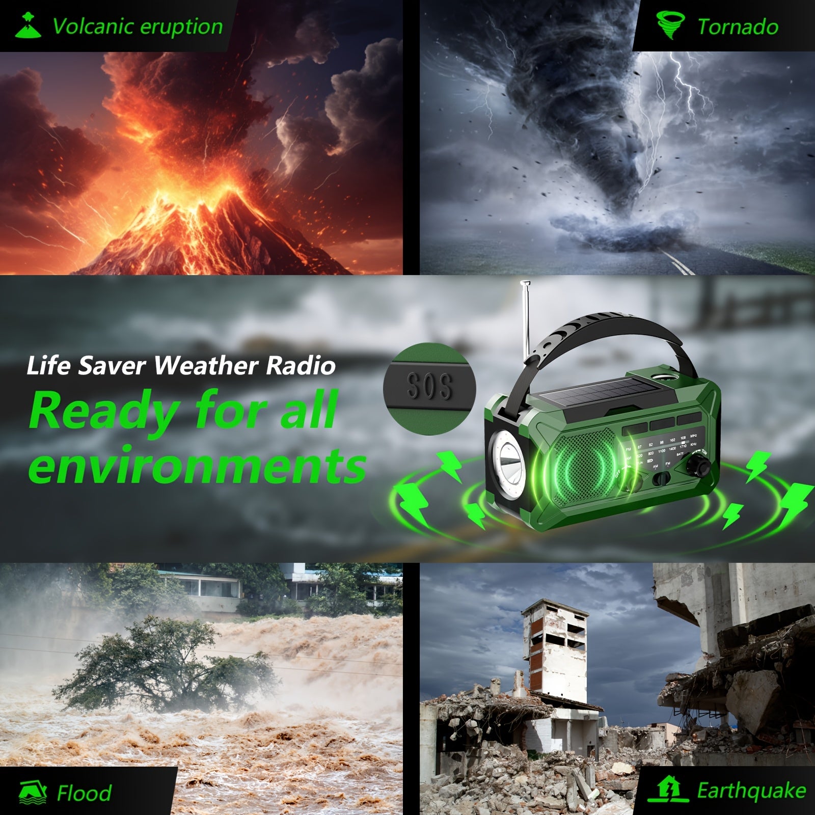 36800mwh 1 Pack Emergency Radio with AM/FM, 3-Way Charging (Hand Crank/Solar/USB), SOS Alarm, Flashlight, Reading Light, Thermometer, Compass & 10000mAh Power Bank - Perfect Survival Kit for Outdoor, Camping, Emergencies