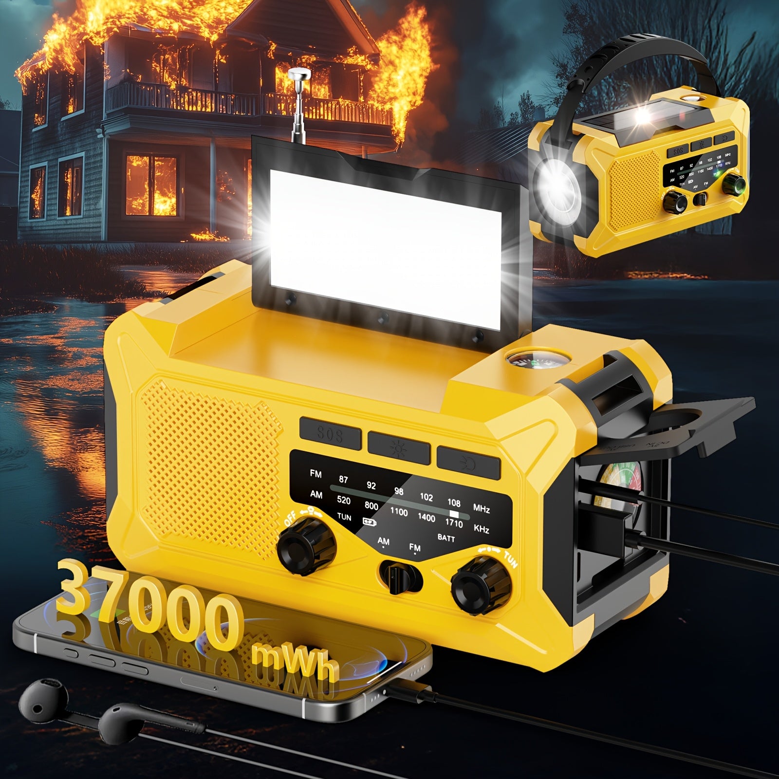 36800mwh 1 Pack Emergency Radio with AM/FM, 3-Way Charging (Hand Crank/Solar/USB), SOS Alarm, Flashlight, Reading Light, Thermometer, Compass & 10000mAh Power Bank - Perfect Survival Kit for Outdoor, Camping, Emergencies